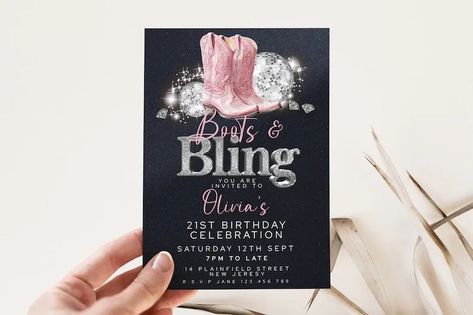 Boots and Bling Invitation Cowboy Boots Birthday Invite Glitter Ball Diamonds Editable Invite Printable Bridal Shower Invite image 1 Glitter Ball, Boot Bling, Birthday Invite, Editable Invitations, 21st Birthday, Diy Party, 40th Birthday, Bridal Shower Invitations, Birthday Party Invitations