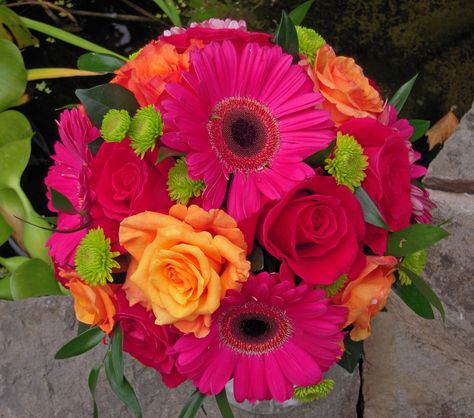 hot pink and orange gerbera daisy and rose bouquet Gerbera Daisy Bouquet, Orange Wedding Bouquet, Green Wedding Decorations, Orange And Pink Wedding, Prom Bouquet, 95th Birthday, Pink Green Wedding, Orange Bouquets, Hot Pink Weddings