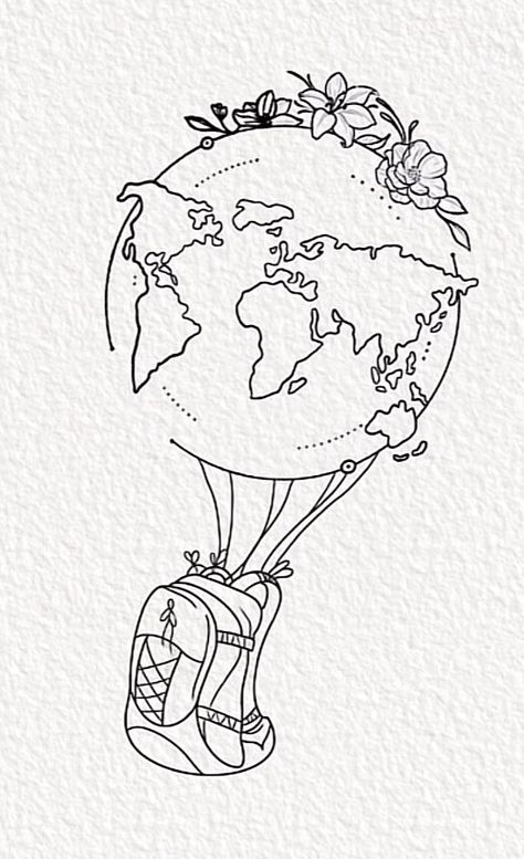 Time Travel Drawing Ideas, Travelling Sketch, Backpacker Tattoo, Travel Drawing Sketches, Backpacking Tattoo, Travel Tattoo Ideas Unique, Exotic Drawing, Drawing Camping, Globe Drawing