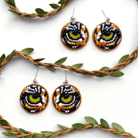 Beaded Tiger, Aesthetic Earrings, Felt Beads, Bead Earring, Tiger Eye Earrings, Beaded Jewlery, Unusual Gift, Bead Pendant, Eye Earrings