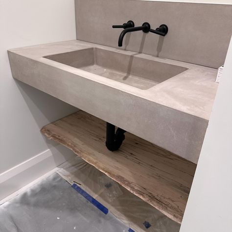 Powder Room Concrete Sink, Floating Countertop Powder Room, Floating Sink Powder Room, Sink Ideas Bathroom, Floating Concrete Sink, Floating Sink Bathroom, Concrete Sink Bathroom, Floating Countertop, Basketweave Tile