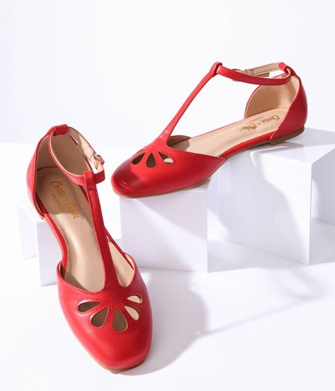 Red Leatherette T-Strap Flats - Unique Vintage - Womens, SHOES, FLATS