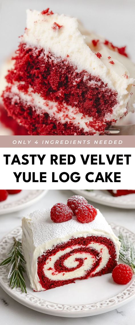 Image for Tasty Red Velvet Yule Log Cake Christmas Log Cake Recipe, Red Velvet Log Cake, White Yule Log Cake, Red Velvet Roll Cake Recipe, Easy Yule Log Cake Recipe, Traditional Yule Recipes, Yule Meals, Red Velvet Yule Log, Vanilla Yule Log