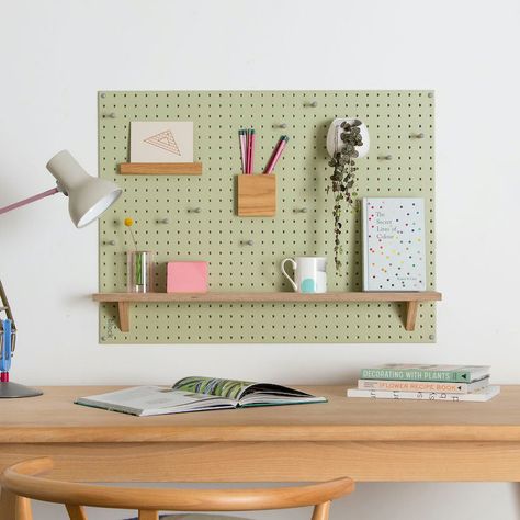 Above Desk Pegboard, Pegboard Bedroom, Green Pegboard, Pegboard Desk, Wooden Peg Board, Diy Peg Board, Large Pegboard, Peg Board Walls, Pegboard Ideas