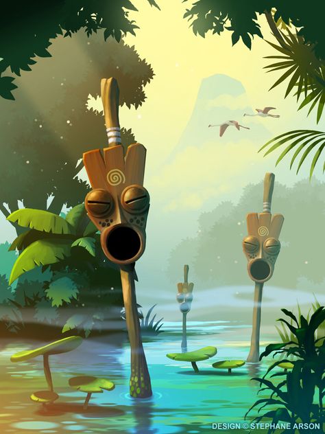 GAME ART ★ Find more at http://www.pinterest.com/competing/ Tiki Art, Wood Duck, 2d Game Art, Game Illustration, Game Background, Game Concept Art, Game Inspiration, Landscape Illustration, Animation Background