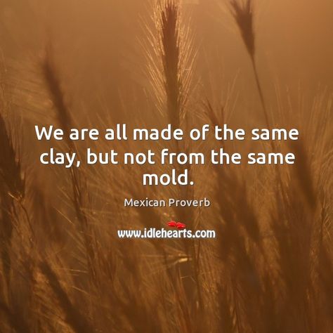 We are all made of the same clay, but not from the same mold. ‒ Mexican proverb. Mexican Daughter Quotes, Mexican Proverbs Quotes, Clay Quotes, Pottery Quotes, Mexican Sayings, Pokemon Types, Mexican Proverb, Spanish 101, Spring Luncheon