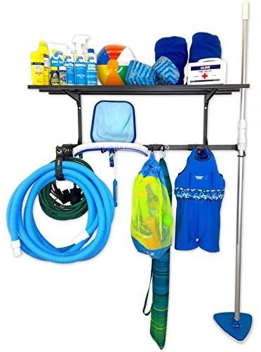 Pool Tools Storage Ideas, Pool Equipment Storage, Wall Rack Design, Pool Rack, Pool Organization, Wall Mounted Organizer, Swimming Pool Equipment, Pool Shed, Pool Storage