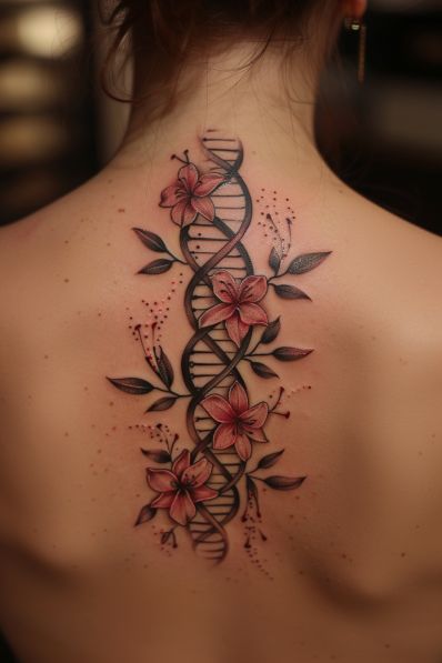 18  DNA Tattoo Ideas That'll Amaze You Anatomy Spine Tattoo, Cna Tattoos For Women, Scalpel Tattoo, Dna Strand Tattoo, Biology Tattoo Ideas, Dna Tattoo Ideas, Dna Tattoo Design, Medical Tattoo Ideas, Medical Tattoos