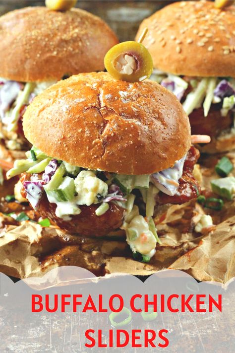 Enjoy classic game day food– boneless Buffalo Chicken Sliders with blue cheese coleslaw. Make plenty, they disappear fast! Boneless Buffalo Chicken, Easy Yummy Dips, Blue Cheese Coleslaw, Cheesy Bacon Dip, Slow Cooked Brisket, Tailgate Snacks, Buffalo Chicken Sliders, Cold Sandwiches, Chicken Sliders