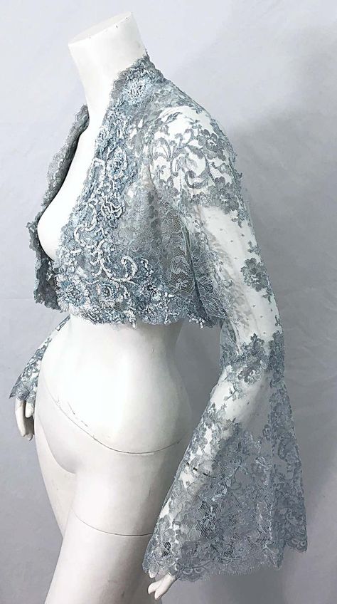 For Sale on 1stDibs - Sensational early 1980s VICKY TIEL COUTURE light skin blue strapless beaded ball gown and matching lace bolero jacket ! Have your Cinderella moment in Beaded Jacket Haute Couture, Vicky Tiel Dress, Jacket Sleeves Design, Lace Jacket Outfit, Bolero Jacket Pattern, Bolero Outfit, Jacket For Dress, Beaded Ball Gown, Black Lace Jacket