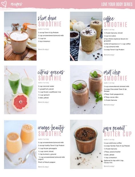 Tiu tone smoothie Tone It Up Protein Recipes, Tone It Up Meal Plan, Tone It Up Recipes, Tiu Recipes, Juice Smoothies Recipes, Nutrition Plan, Shake Recipes, Tone It Up, Clean Eating Snacks