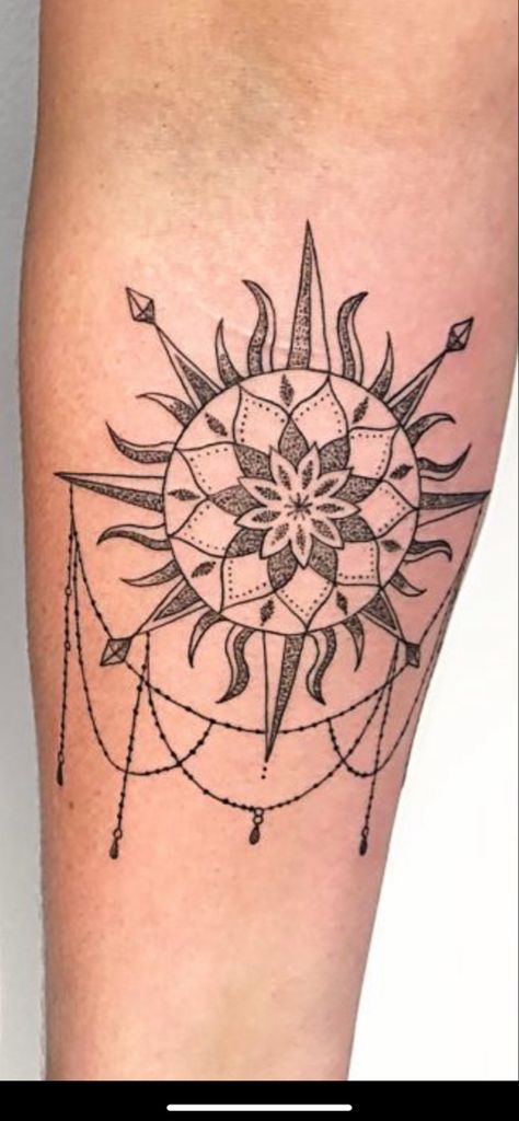 Geometric Sun Tattoo Design, Lace Sun Tattoo, Sun Mandala Tattoo Shoulder, Floral Sun Tattoo, Boho Sun Tattoo, Mystical Sun Tattoo, Mandela Tattoo Sun And Moon, Chandelier Tattoo, Mandala Sleeve