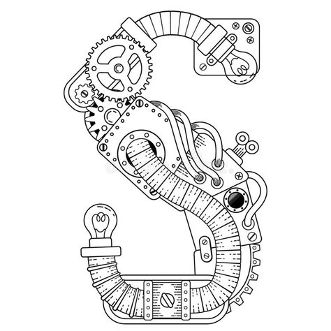 Vector Steampunk coloring book for adults. Mechanical letter alphabet made of metal gears and various details on white royalty free illustration Steampunk Alphabet Letters, Mechanical Gears Drawing, Steampunk Art Drawing, Steampunk Font, Steampunk Coloring Book, Gear Drawing, Steampunk Drawing, Steampunk Coloring, Metal Gears