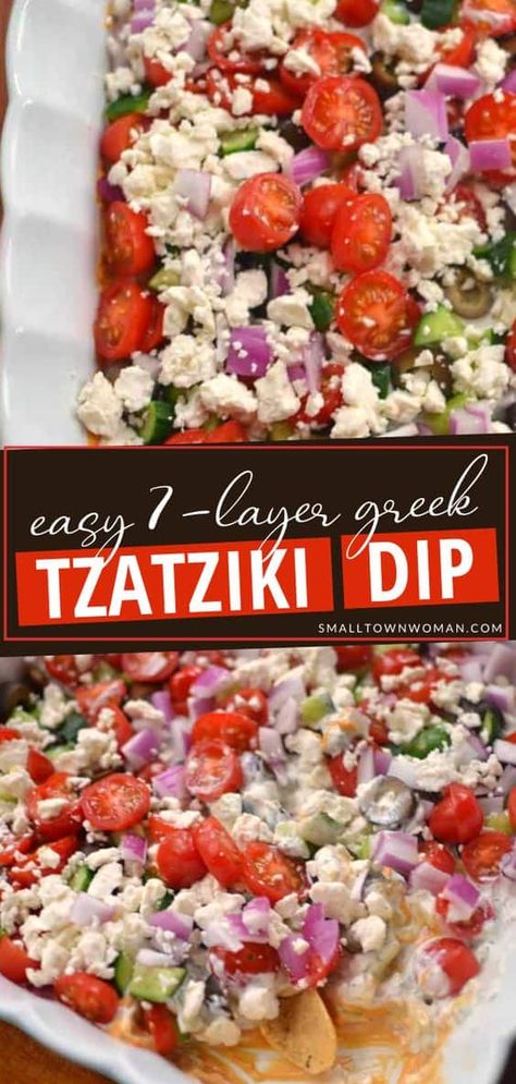 This food idea is going to be a showstopper at your Labor Day party! The taste of this Easy 7 Layer Greek Tzatziki Dip is nothing short of amazing. Served with pita chips, this festive appetizer will quickly become a family favorite! What are you waiting for? Try it! Greek Hummus Dip, Tzatziki Dip, Greek Tzatziki, Labor Day Party, Greek Dip, Greek Appetizers, Festive Appetizers, Tzatziki Sauce, 7 Layer