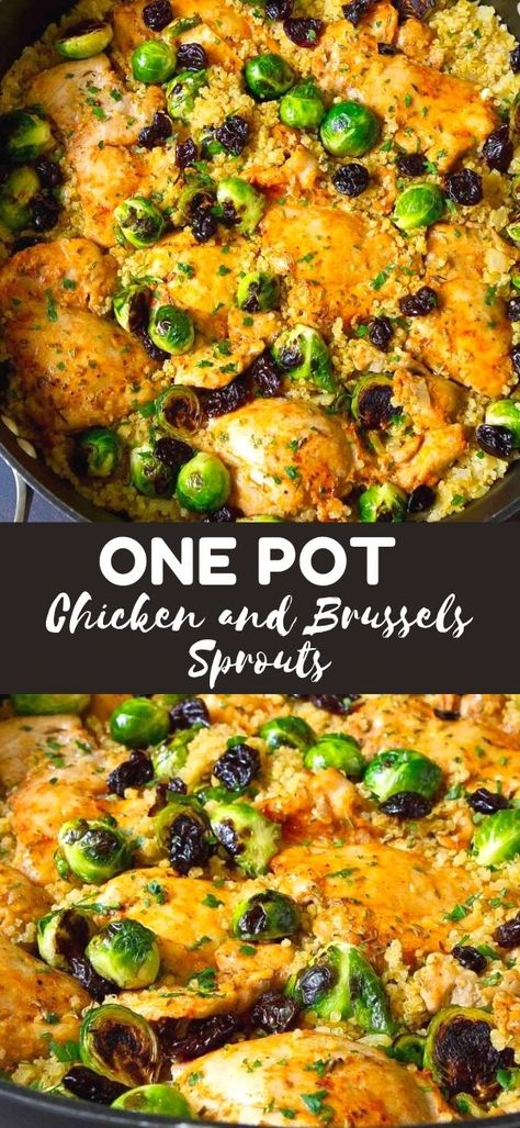 This One Pot Chicken and Brussels Sprouts recipe is the perfect marriage of easy weeknight cooking and seasonal flavors. 322 calories and 8 Weight Watchers SP | And quinoa | Gluten free | Recipes | Thighs | Dinner | Meals easy #onepotmeals #chickenrecipes #brusselssprouts #quinoarecipes #onepot Quinoa Gluten Free Recipes, Chicken Brussels Sprouts, Gluten Free Quinoa Recipes, Chicken And Brussels Sprouts, Recipe With Quinoa, Smartpoints Recipes, Lighter Recipes, Night Recipes, Sprouts Recipe