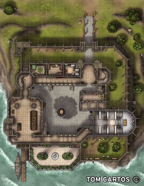 Click the link to download & find out more. #tomcartos #battlemap #map #ttrpg #dnd #rpg #pathfinder #dungeons #dragons #5e #fantasy #d&d #free #castle #keep #fort #garrison #battle #siege #river #militia #army #command #siege #war #bastion #base #stronghold #courtyard #dungeon #consevatory #chapel #great-hall Castle Keep, Dragons 5e, Building Map, Building Images, Tabletop Rpg Maps, Dnd Maps, Secret Place, Dnd Stuff, Rpg Maps