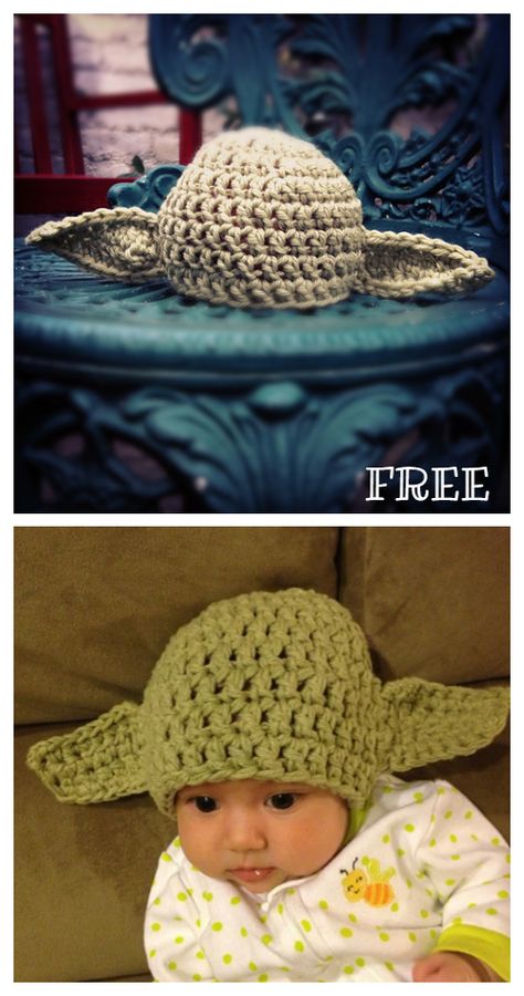 Yoda Crochet Hats, Baby Yoda Hat, Crochet Baby Yoda, Baby Yoda Costume, Yoda Hat, Crochet Baby Hats Free Pattern, Yoda Costume, Kids Hats Patterns, Baby Hat Free Pattern