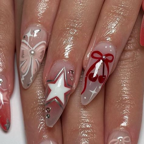 chelle da nail artist on Instagram: "Pink & red bows for @mnghieem Inspo: @oaklestudio 🍒 w my own twist" Insta Nails, Bow Nails, Bow Nail Art, December Nails, 2023 Pink, Cherry Nails, Y2k Nails, Classy Acrylic Nails, Red Nail Designs