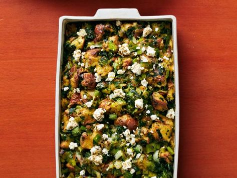 Spinach Stuffing With Za’atar Za'atar Recipe, Spinach Stuffing, Zaatar Recipe, Brioche Bread, Za Atar, Frozen Spinach, Leeks, Thanksgiving Dinner, Food Network