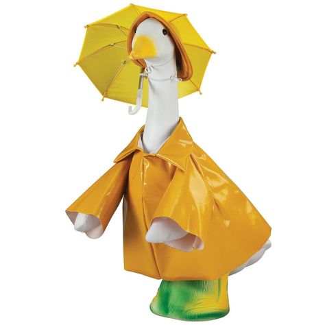 PRICES MAY VARY. 100% polyurethane Includes yellow slicker with matching rain hat and working umbrella Fits our exclusive Large White Goose (sold separately) For indoor/protected outdoor use Spot clean Dress your lawn goose for spring showers, summer drizzle and autumn storms in our classic raincoat goose costume by GagglevilleTM! A bright look for casual cookouts, indoor parties and front-porch decoration on rainy days or any day, the forecast calls for FUN and a stream of steady compliments wh Goose Costume, Goose Outfits, Porch Goose, Lawn Goose, Goose Clothes, Spring Showers, Wrap Clothing, Plants For Hanging Baskets, Outdoor Living Decor