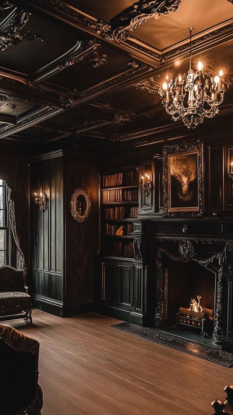 Dark Home Interior, Dark Academia Living Room, Victorian Gothic House, Dark Homes, Grimmauld Place, Dark Academia Home, Gothic Living Room, Alternative Home Decor, Moody Home Decor