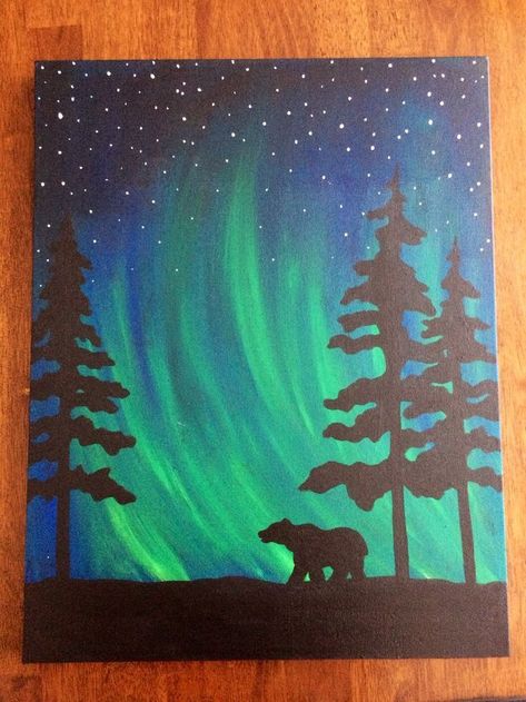 40 Acrylic Painting Ideas For Beginners Chalk Northern Lights, Brother Painting Ideas, Painting Ideas For Brother, Sillouttes Images, Northern Lights Watercolor, Winter Kunst, Bear Painting, Dark Paint, Bear Paintings