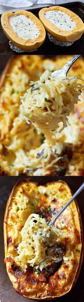 These baked spaghetti squash bowls stuffed with a creamy garlic and 4-cheese sauce are extremely delicious, and super easy to make! If you’re looking for a comforting way to enjoy veggies, yo… Weight Watcher Desserts, Garlic Spaghetti, Zucchini Puffer, Baked Spaghetti Squash, Spaghetti Squash Recipes, Baked Spaghetti, Think Food, Creamy Garlic, Squash Recipes