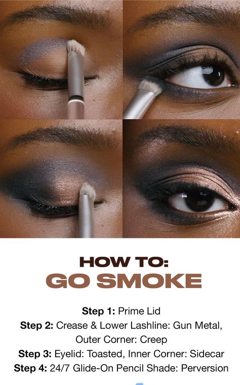 Soft Eyeshadow Tutorial, Black And Gold Makeup Looks Smokey Eye, Smokey Eye Hooded Eyes Tutorials, Eyeshadow How To, Smokey Eye Makeup For Brown Eyes, Eye Shadow Hooded Eyes, Black Smokey Eye Makeup Look, Date Night Makeup Brown Eyes, Work Eye Makeup