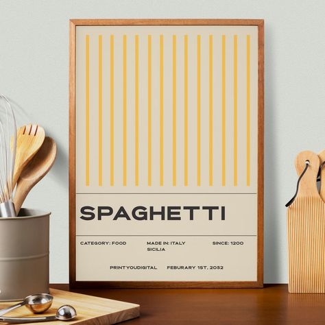 Spaghetti Poster Printable, Food Print, Modern Kitchen Decor, Minimalist Design Italy, Kitchen Art, Pasta Minimal Wall Art - Etsy Denmark Pasta Graphic Design, Italy Graphic Design, Spaghetti Poster, Spaghetti Art, Kitchen Decor Minimalist, Pasta Poster, Cavatelli Pasta, Italy Kitchen, Modern Kitchen Decor