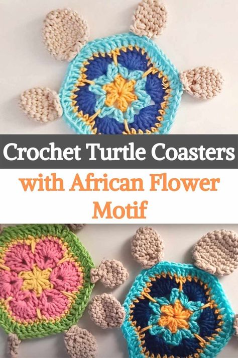 These crochet coasters are some of the cutest you'll ever see! An easy project perfect for beginning crocheters. You will start with an African flower motif in the center of your shell and you will make the body of your turtle around it, this technique will give them an incredible final look full of bright colors to decorate your home. Sea turtle crochet patterns are simply beautiful and some might say they are also a wonderful way to remind all ages to protect our oceans and all marine life... Turtle Granny Square Crochet Pattern, Sea Turtle Crochet Coaster Pattern, African Flower Turtle Crochet Pattern, Turtle Granny Square Crochet, Beach Blanket Crochet, Crochet Start, Sea Turtle Crochet, Crochet Turtle Pattern, Turtle Crochet