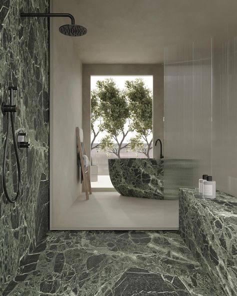 Verde Alpi Marble, with its rich green hues and distinctive veining, is a masterpiece of nature that elevates any space. #ARCAStone… | Instagram Green Marble Bathroom, Html Website, High Spirits, Luxury Bathrooms, Green Hues, Green Bathroom, Marble Bathroom, Rich Green, Home Poster