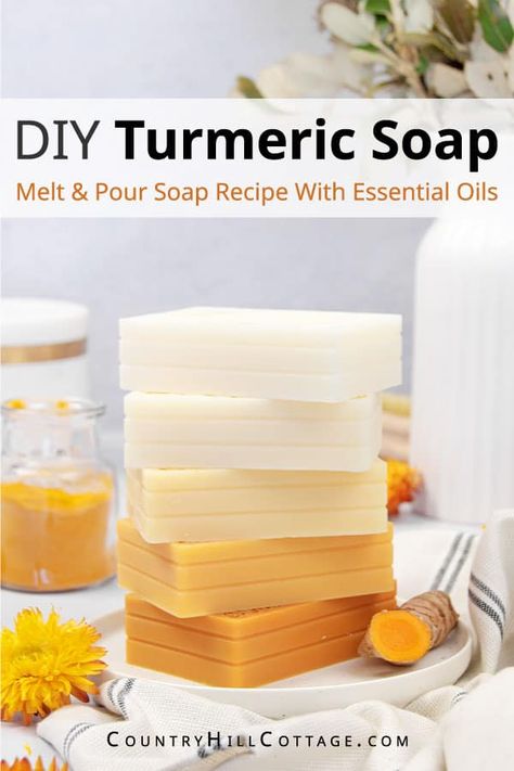 Learn how to make DIY turmeric soap and enjoy the many skincare benefits turmeric has to offer! This homemade turmeric soap recipe cleanses gently and may improve acne, dark spots, hyperpigmentation and give glowing skin. The prep is easy and simple, thanks to a moisturizing melt and pour soap base and essential oils. You can make the handmade bar soap with goats milk, shea butter, oatmeal, cocoa butter, honey, olive oil, hemp seed oil, aloe vera, or glycerin soap base. | CountryHillCottage.com Lemon Turmeric Soap, Melt And Pour Turmeric Soap, Diy Turmeric Soap Recipe, Melt And Pour Tumeric Soap Recipes, Turmeric Bar Soap, Homemade Turmeric Soap Recipes, Turmeric Soap Recipe Melt And Pour, Tumeric Soap Recipe Melt And Pour, Honey Melt And Pour Soap Recipes