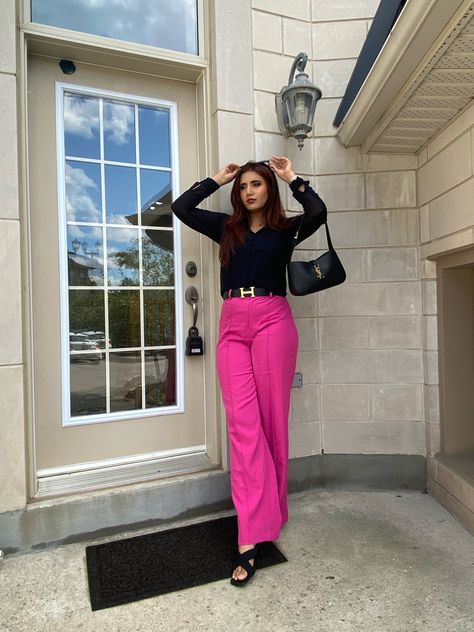 Pink pants with black top black sunglasses black YSL bag and black shoes Black Top And Pink Pants, Pink Pants And Black Top Outfit, Black Top Outfit, Pink Pants Outfit, Pants Outfit Casual, Pink Pants, Weekend Wear, Colourful Outfits, Fall Winter Outfits