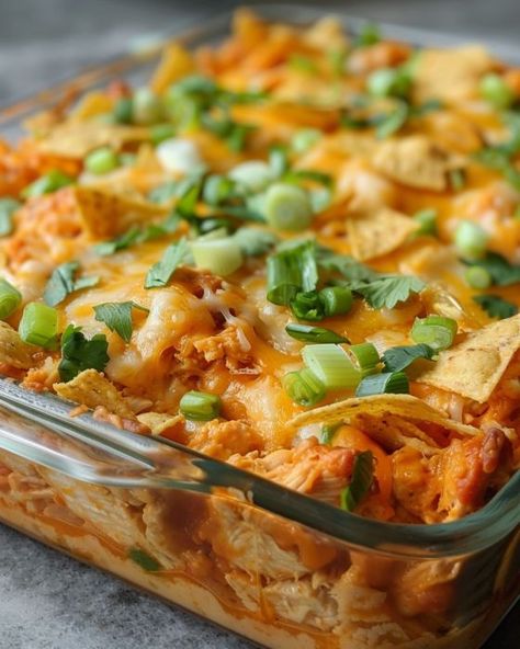 There wasn't a single bite left of this dish by the end of dinner. It was that good! Doritos Chicken And Cheese Casserole, Individual Casserole Dish Recipes, Cubed Chicken Casserole Recipes, Party Food Casserole, Easy Meals For Large Families, Casserole Ideas For A Crowd, Chicken Nacho Casserole, Fast Casserole Dinners, Easy Chicken Recipes Casserole