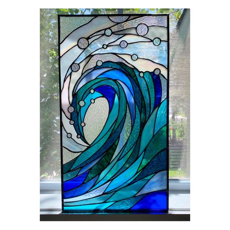 #stainedglass #glass #decor #beach #ocean #sea #wave #homedecor #window Sea Stained Glass Pattern, Ocean Glass Art, Beach Themed Stained Glass Patterns, Ocean Stained Glass Window, Mosaic Waves Ocean, Water Stained Glass Patterns, Ocean Mosaic Ideas, Ocean Glass Painting, Stained Glass Waves Pattern