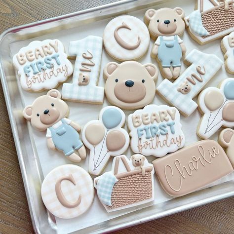 Utah Custom Royal Icing Cookies | Teddy bear picnic for his beary first birthday! Are you you kidding me 🥹🐻 teddy bear design to match his stuffed animal bear… | Instagram Teddy Bear Picnic Cookies, Teddy Bear Bday Theme, Bear First Birthday Cookies, Beary First Birthday Cookies, My Beary First Birthday Boy, Bear Birthday Cookies, Teddy Bear 1st Birthday Boy, Teddy Bear Sugar Cookies, Beary First Birthday Boy