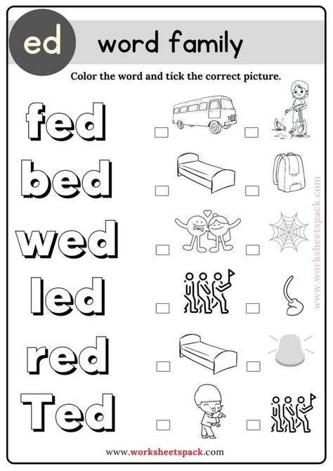 Ed Worksheets, Ed Words, Ed Words Worksheet, Ap Word Family Worksheets, Ed Word Family, An Word Family Worksheet, Ab Family Words Worksheets, Phonics Games Kindergarten, Ed Family Words Worksheet