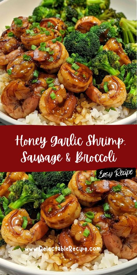 Meals Good For Cholesterol, Shrimp Sausage Broccoli Stir Fry, Honey Garlic Shrimp Sausage And Broccoli, Riced Broccoli Recipes, Cholesterol Meals, Sausage Broccoli, Honey Shrimp, Shrimp Broccoli, Honey Garlic Shrimp