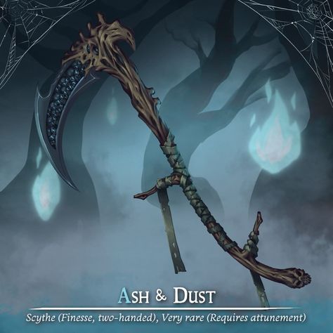 Dnd Magic Items Necromancer, Dnd Magic Scythe, Dnd Scythe Homebrew, Dnd Scythe Item, Fantasy Polearm, Scythe Character Design, Dnd Scythe, Bone Scythe, Fantasy Scythe