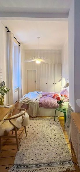 Copenhagen Bedroom Aesthetic, Scandinavian Room Bedroom, One Room Apartment Ideas, Long Bedroom Layout, Cool Bedroom Decor, New Bedroom Ideas, 2023 Bedroom, Student Bedroom, Bedroom 2024