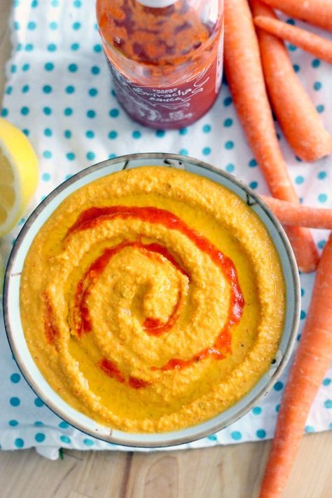 Sweet and Spicy Sriracha Carrot Hummus | A touch of honey and plenty of Sriracha hot sauce gives this healthy, nutrient packed hummus a delicious sweet and spicy kick! Takes five minutes, and it's a great way to eat your veggies. Healthy Hummus Recipe, Carrot Hummus, Winter Appetizers, Hummus Bowl, Healthy Hummus, Zone Recipes, Hummus Recipes, Processor Recipes, Spicy Carrots