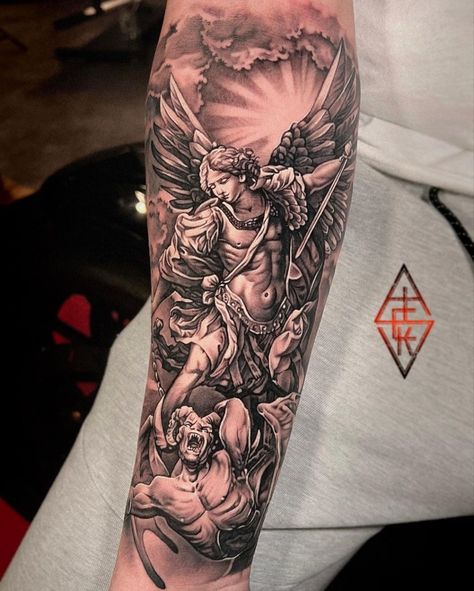 Men Tattoo Arm Sleeve Ideas, Mens Outer Forearm Tattoos, Arm Sleeve Tattoos Men, Saint Michael Tattoo Sleeve, St Michael Tattoo Forearm, Lion Tattoo Half Sleeve, Seraphim Angel Tattoo, Angel Tattoo Stencils, St Michael Tattoo