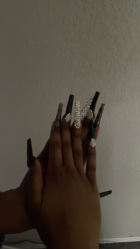 Black French Tips With Rhinestones, Black Nails With Diamonds, Acrylic Frenchies, French Tips With Rhinestones, Black French Tips, Prom Eye Makeup, Black French, French Tips, Black Acrylic