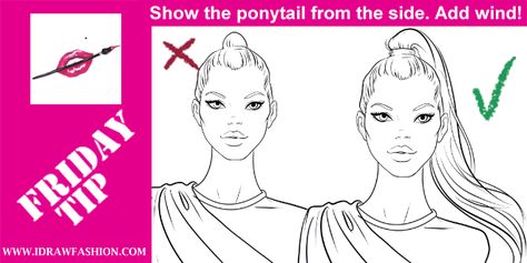 how to draw ponytail haistyle in fashion design sketches Drawing Ponytail Hair Front View, How To Draw A Ponytail Front View, Ponytail Drawing Front View, Fashion Magazine Covers Photography, Ponytail Drawing, I Draw Fashion, Draw Fashion, Sketching Tips, Hair Illustration