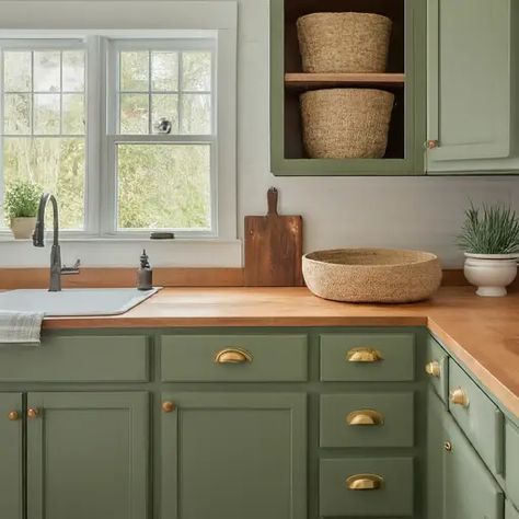 29 Stunning Green Kitchen Cabinet Ideas: Lush, Nature-Inspired Hues - DIYCozy: Nails, Decor, DIY, Gardening, Holidays Butcher Block Countertops Sage Cabinets, Green Kitchen Cupboards Ideas, Green Kitchen Butcher Block Countertops, Green Kitchen Small, Green Kitchen Counter, Butcher Block Countertops Green Cabinets, Green Kitchen Cabinets Butcher Block, Green Cabinets Butcher Block Countertops, Butcher Block Cabinet