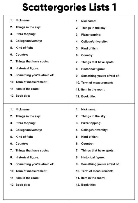 Printable Scattergories Lists 1 Bible Scattergories List, Scattergories Lists Printable Free, Scategories Lists, Scattergories Lists, Printable Word Games, Comprehension Games, Nursing Home Activities, Elderly Activities, Award Ideas