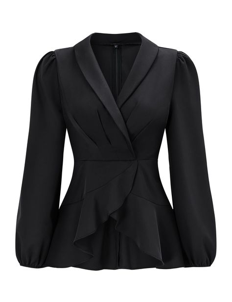 PRICES MAY VARY. 【 PREMIUM SLIGHT SHINY MATERIAL】100% polyester. This womens dressy peplum tops made of soft, skin-friendly, high quality, not easily wrinkled fabric, tailor to unique ruched details of bust, comfortable to wear it all day. 【V NECK & Back Zipper】The elegant peplum business blouses for women fashion 2023 featuring a wrap bodice with a v-cut neckline, show off your charming cleavage. Back zipper design makes it easy for you to put on and take off, giving you a comfortable wearing e Black Tops For Women Classy, Office Tops Blouses Work Wear, Goth Office, Wrinkled Fabric, Office Tops, Womens Peplum Tops, Cotton Tops Designs, Corporate Goth, Long Sleeve Wrap Top