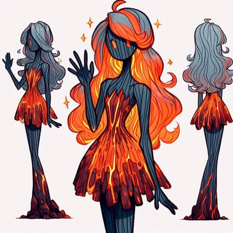 Found it idk Elements As Characters, Lava Character Design, Traumatized Oc, Markings On Skin Drawing, Lava Oc, Cute Monster Character Design, Elemental Oc, Fire Character Design, Elemental Characters