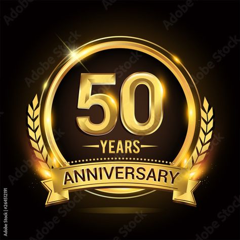 Stock Image: Celebrating 50th years anniversary logo with golden ring and ribbon, laurel wreath vector design. 20 Years Anniversary, 50th Golden Anniversary, 60 Year Anniversary, 50th Anniversary Logo, Wreath Vector, 40 Year Anniversary, 30 Year Anniversary, Birthday Wine Glass, 20 Year Anniversary