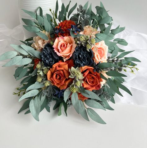 Dusty Blue And Rustic Orange Wedding, Navy And Burnt Orange Wedding Bouquets, Blue Eucalyptus Wedding, Florals For Wedding, Dusty Navy Blue, Orange Wedding Bouquet, Eucalyptus Wedding Bouquet, Orange Bouquets, Blue Eucalyptus